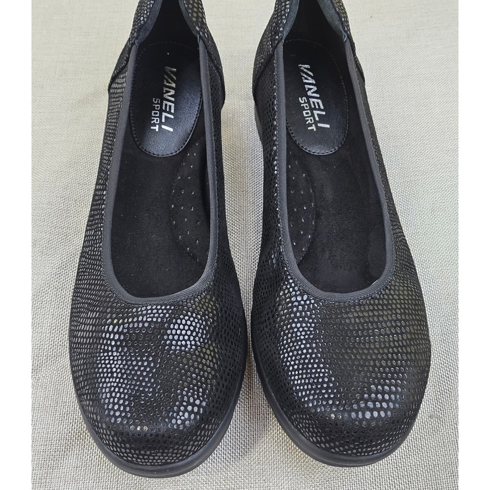Vaneli Sport Donia Black E-Print Leather‎ Ballet Wedge Pumps Women's 5.5M  New